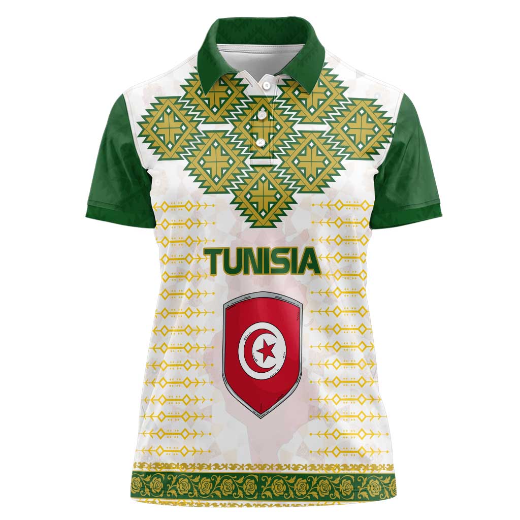 Tunisia Flag Traditional Tribal Pattern Green and White Pullover Women Polo Shirt with National Crest and Emblem