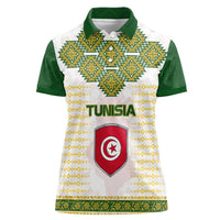 Tunisia Flag Traditional Tribal Pattern Green and White Pullover Women Polo Shirt with National Crest and Emblem