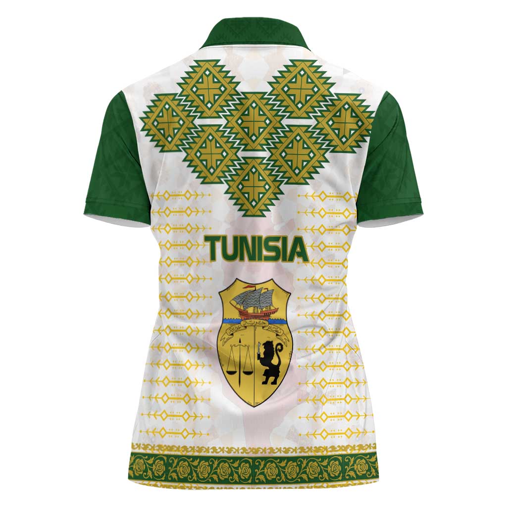Tunisia Flag Traditional Tribal Pattern Green and White Pullover Women Polo Shirt with National Crest and Emblem