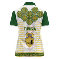 Tunisia Flag Traditional Tribal Pattern Green and White Pullover Women Polo Shirt with National Crest and Emblem