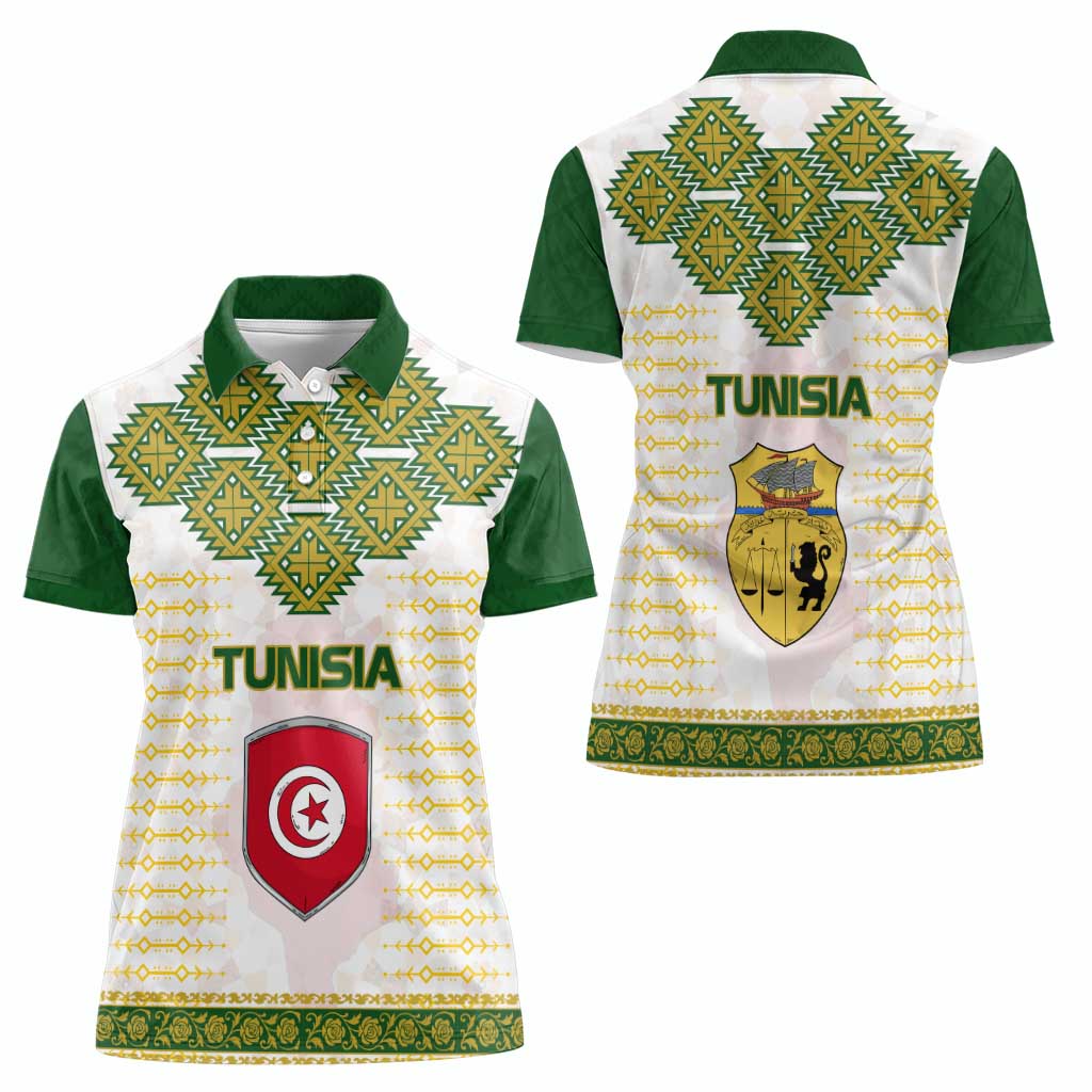 Tunisia Flag Traditional Tribal Pattern Green and White Pullover Women Polo Shirt with National Crest and Emblem
