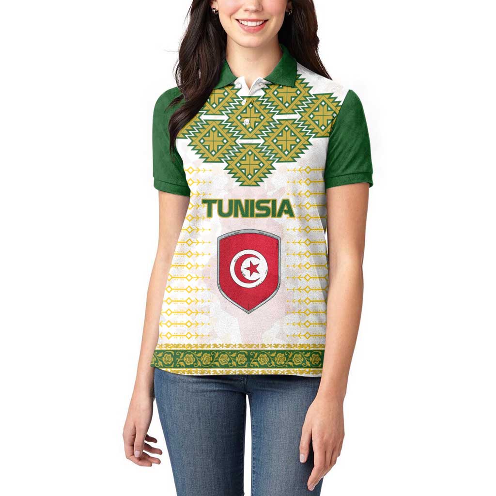 Tunisia Flag Traditional Tribal Pattern Green and White Pullover Women Polo Shirt with National Crest and Emblem