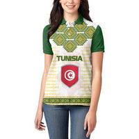 Tunisia Flag Traditional Tribal Pattern Green and White Pullover Women Polo Shirt with National Crest and Emblem