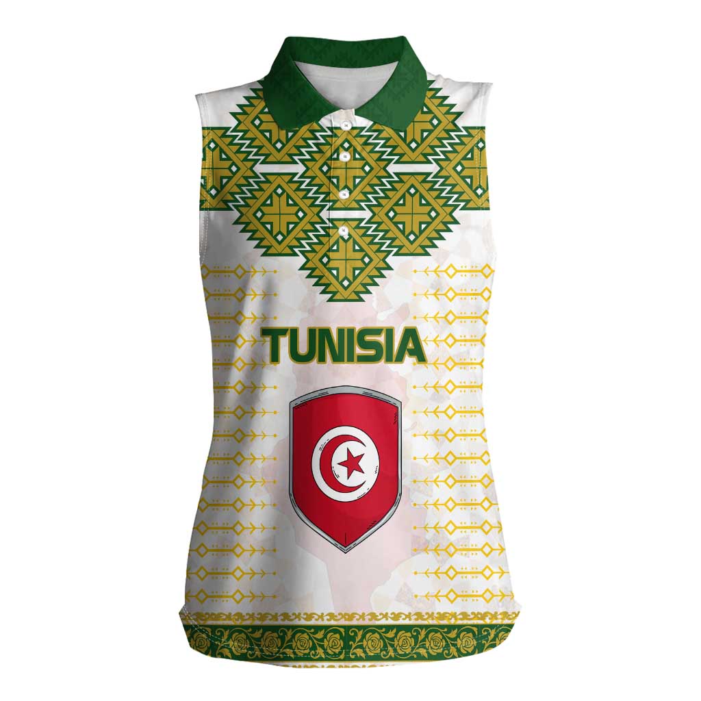 Tunisia Flag Traditional Tribal Pattern Green and White Pullover Women Sleeveless Polo Shirt with National Crest and Emblem