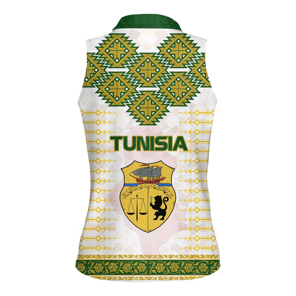 Tunisia Flag Traditional Tribal Pattern Green and White Pullover Women Sleeveless Polo Shirt with National Crest and Emblem