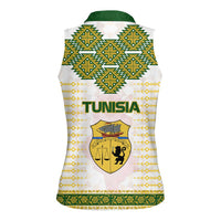 Tunisia Flag Traditional Tribal Pattern Green and White Pullover Women Sleeveless Polo Shirt with National Crest and Emblem