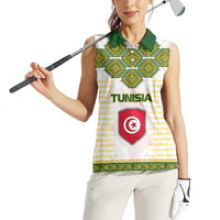 Tunisia Flag Traditional Tribal Pattern Green and White Pullover Women Sleeveless Polo Shirt with National Crest and Emblem