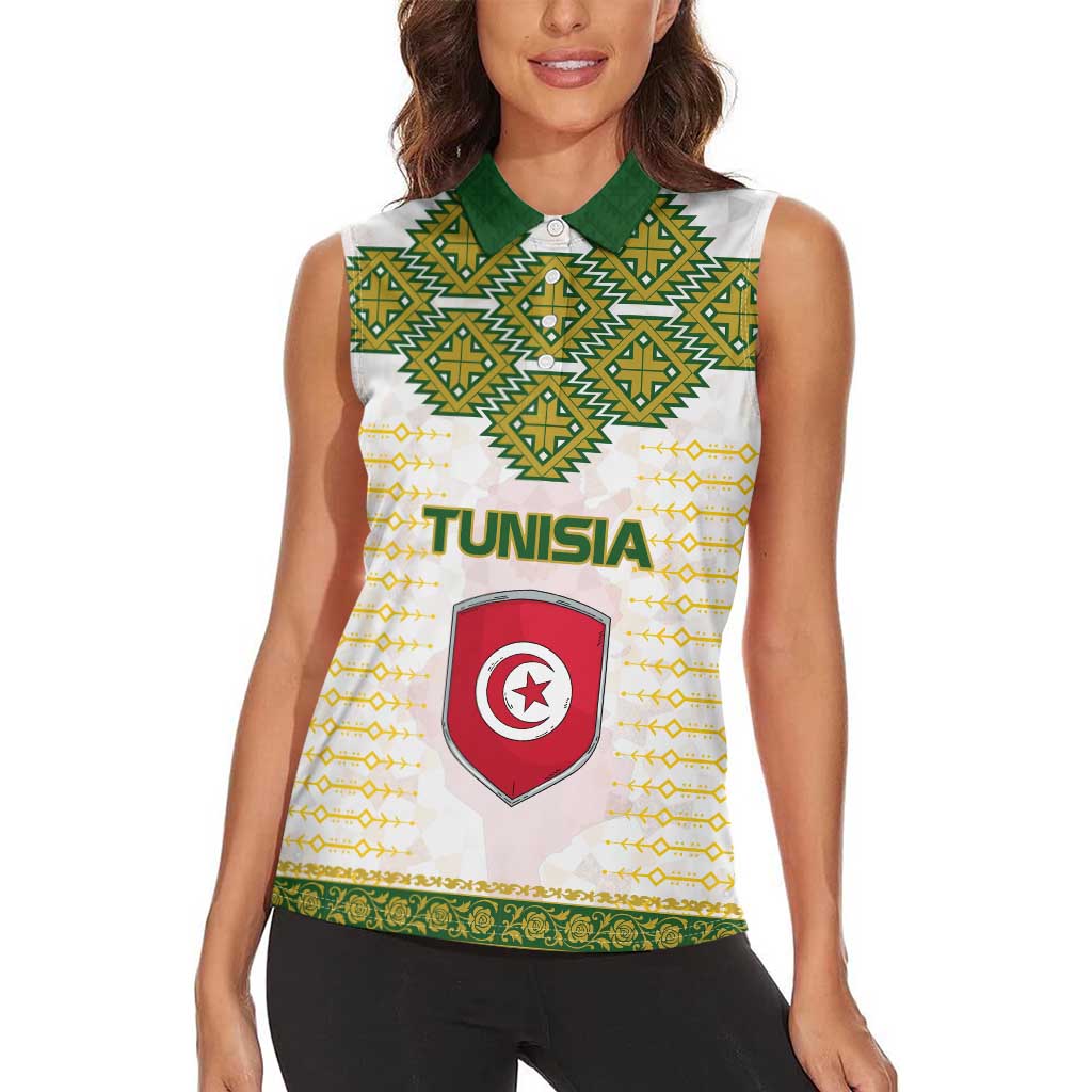Tunisia Flag Traditional Tribal Pattern Green and White Pullover Women Sleeveless Polo Shirt with National Crest and Emblem