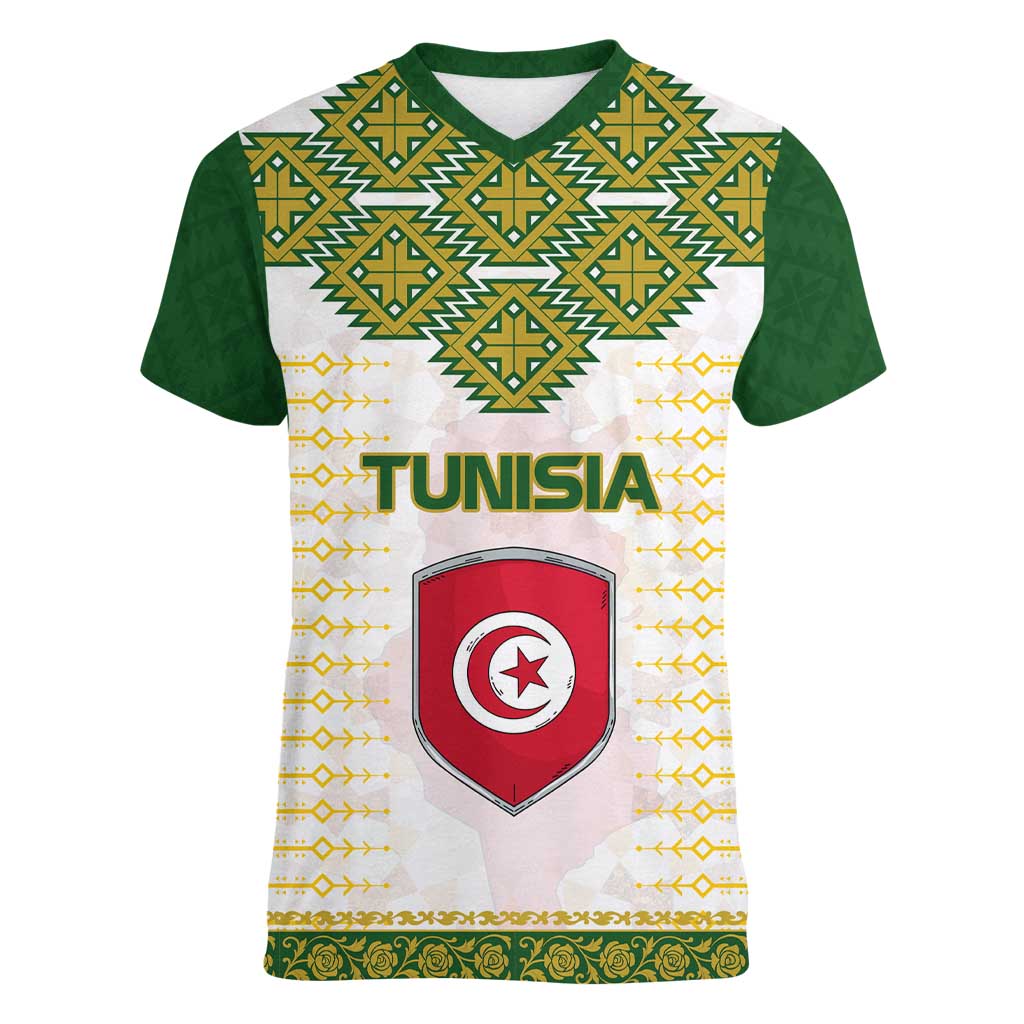 Tunisia Flag Traditional Tribal Pattern Green and White Pullover Women V-Neck T-Shirt with National Crest and Emblem
