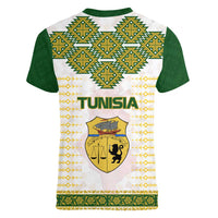 Tunisia Flag Traditional Tribal Pattern Green and White Pullover Women V-Neck T-Shirt with National Crest and Emblem