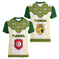 Tunisia Flag Traditional Tribal Pattern Green and White Pullover Women V-Neck T-Shirt with National Crest and Emblem