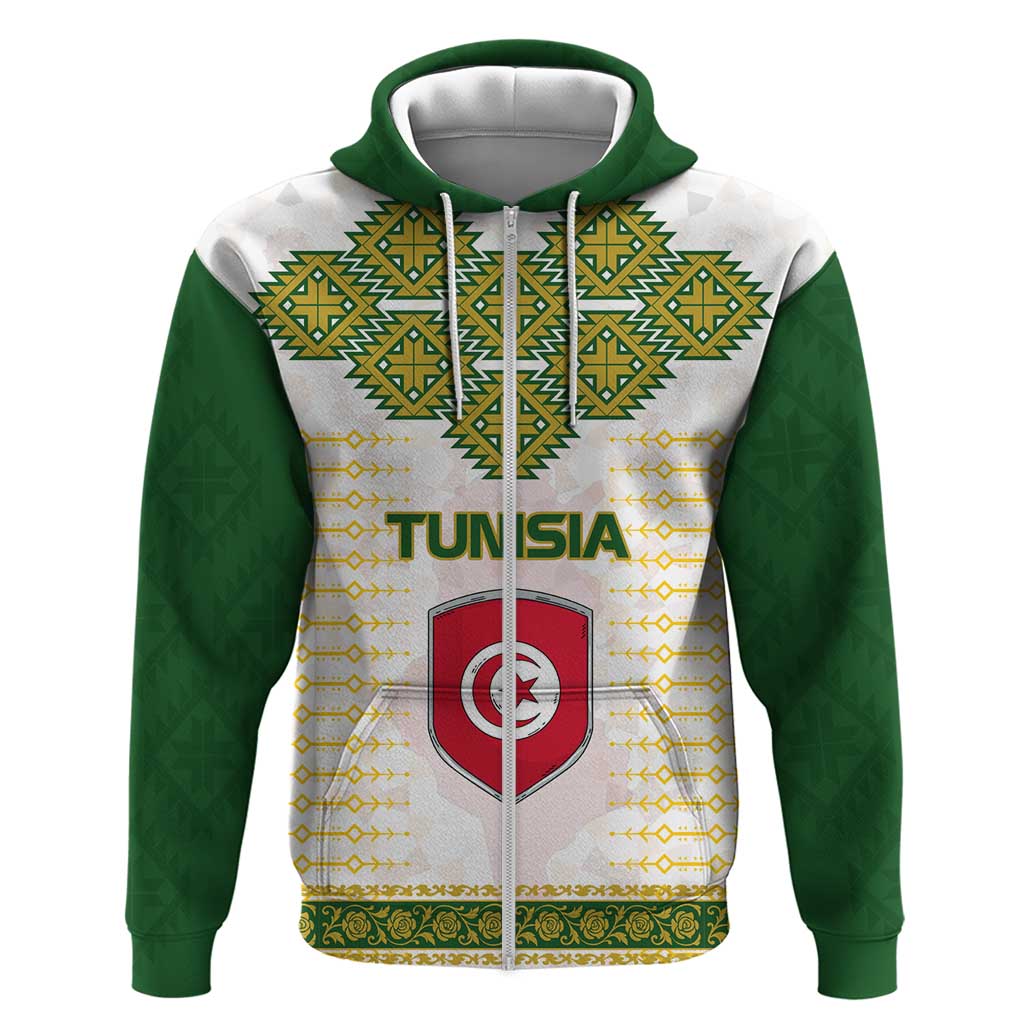 Tunisia Flag Traditional Tribal Pattern Green and White Pullover Zip Hoodie with National Crest and Emblem