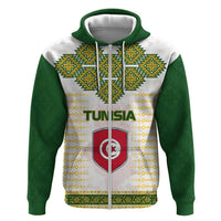 Tunisia Flag Traditional Tribal Pattern Green and White Pullover Zip Hoodie with National Crest and Emblem