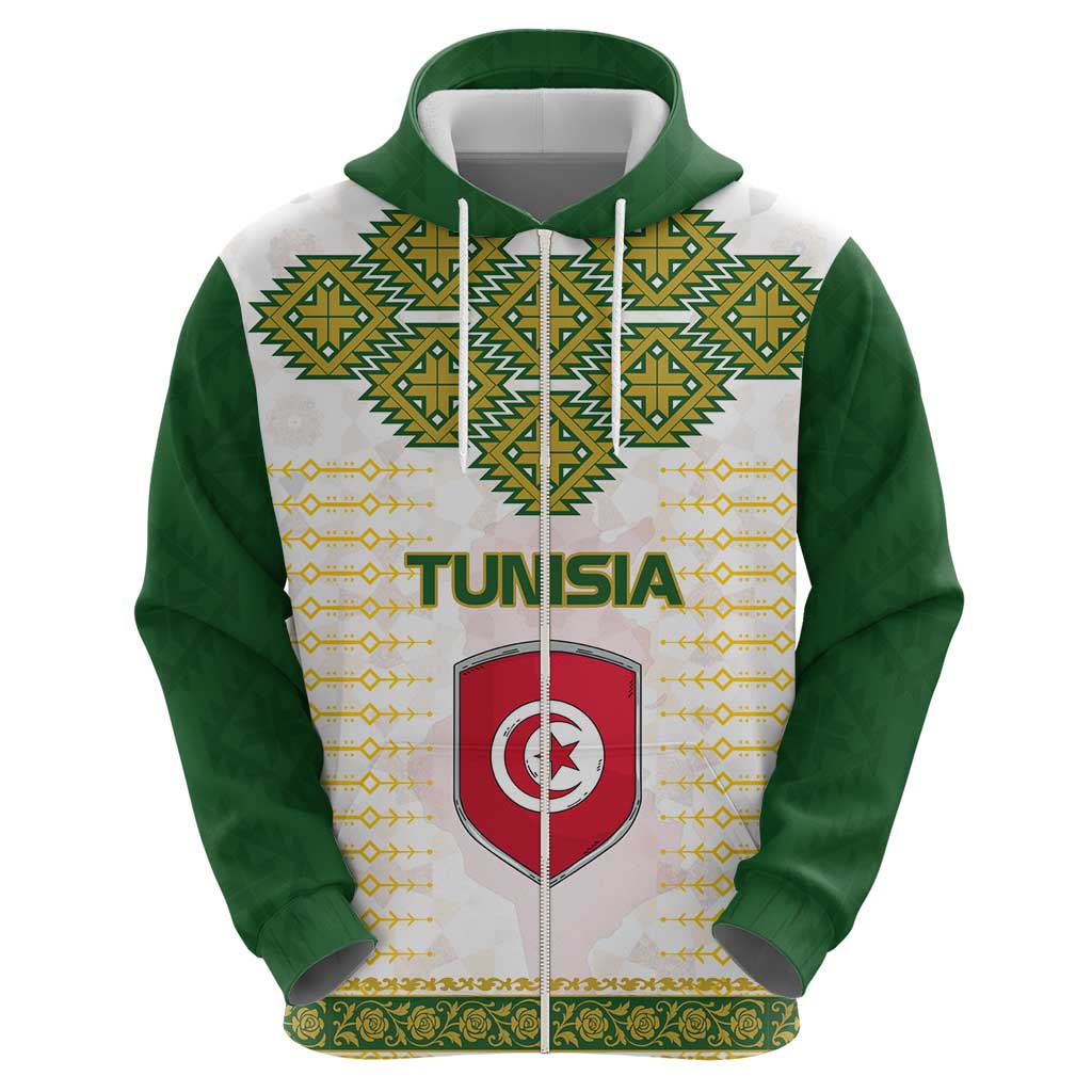 Tunisia Flag Traditional Tribal Pattern Green and White Pullover Zip Hoodie with National Crest and Emblem