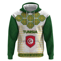 Tunisia Flag Traditional Tribal Pattern Green and White Pullover Zip Hoodie with National Crest and Emblem