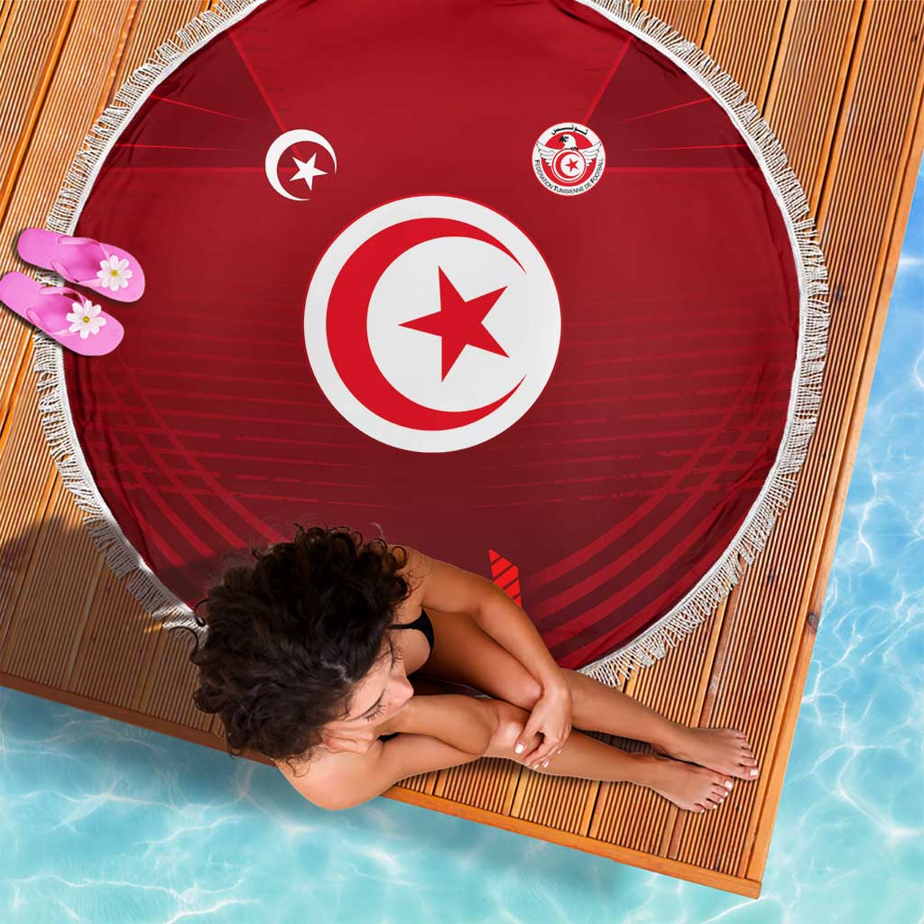 Tunisia National Flag Beach Blanket with Crescent Star Emblem and Red Sport Design