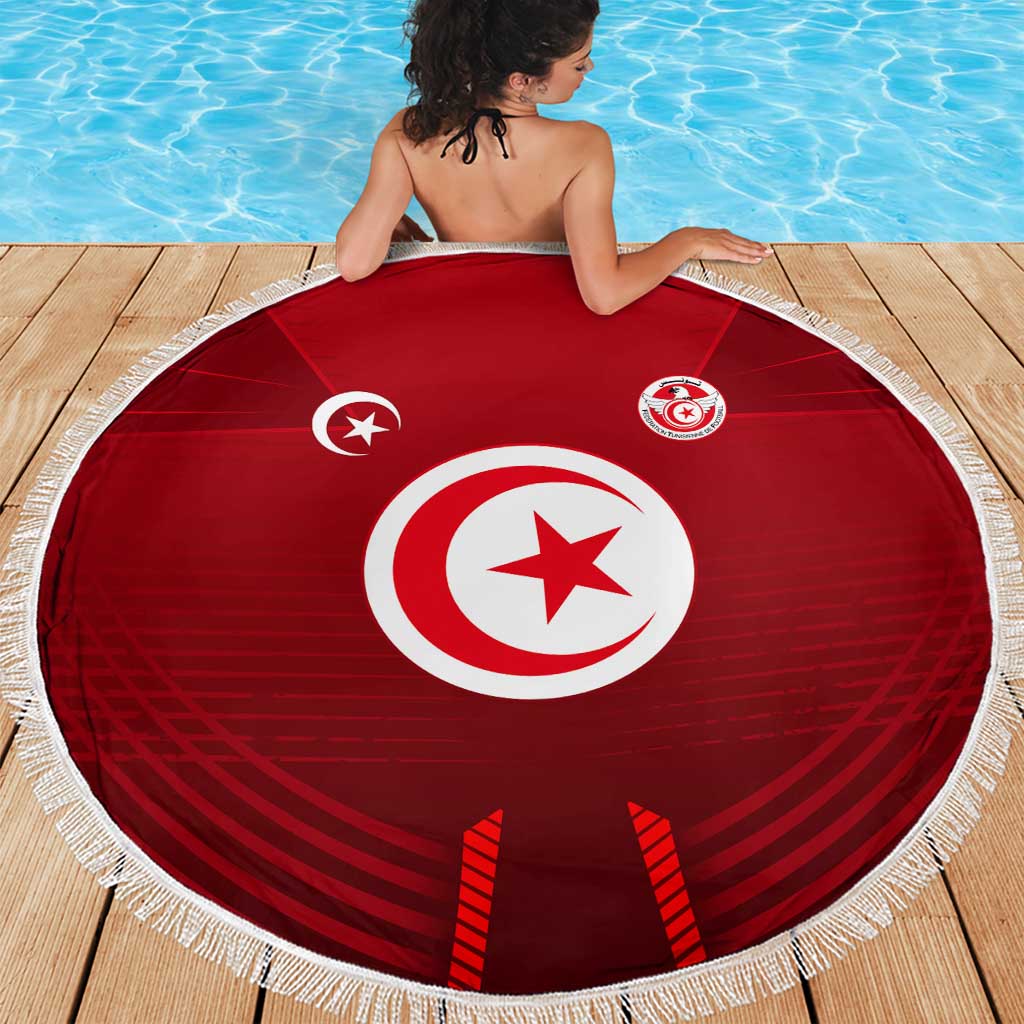Tunisia National Flag Beach Blanket with Crescent Star Emblem and Red Sport Design