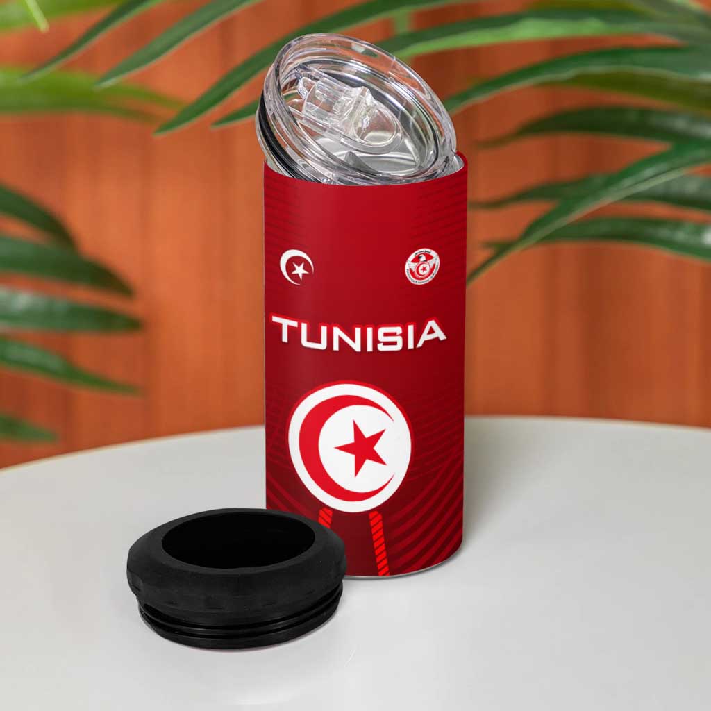Tunisia National Flag 4 in 1 Can Cooler Tumbler with Crescent Star Emblem and Red Sport Design