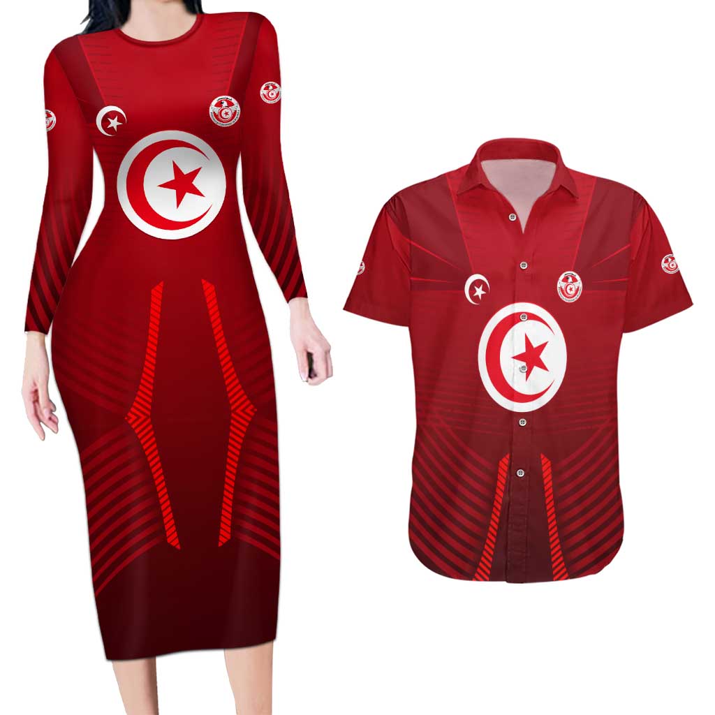 Tunisia National Flag Couples Matching Long Sleeve Bodycon Dress and Hawaiian Shirt with Crescent Star Emblem and Red Sport Design