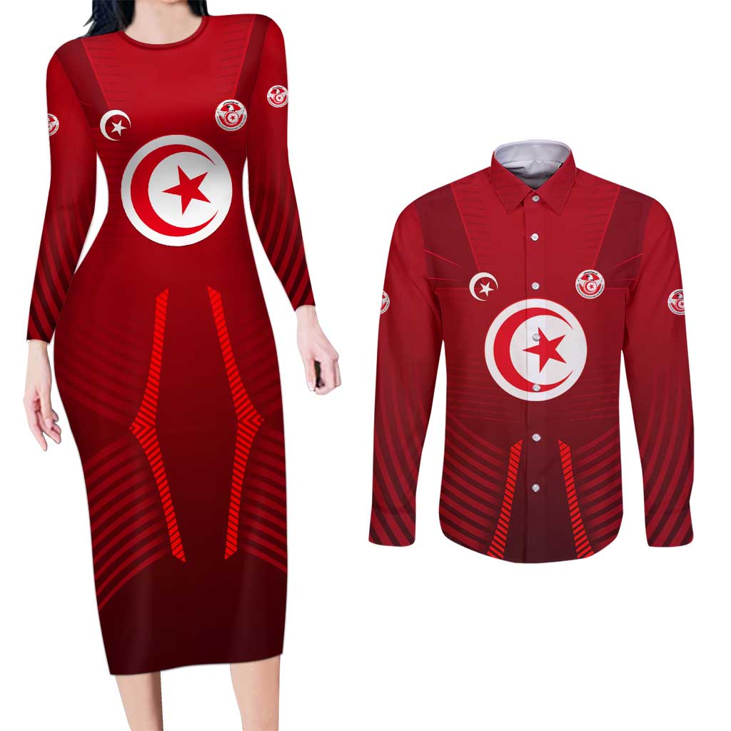 Tunisia National Flag Couples Matching Long Sleeve Bodycon Dress and Long Sleeve Button Shirt with Crescent Star Emblem and Red Sport Design