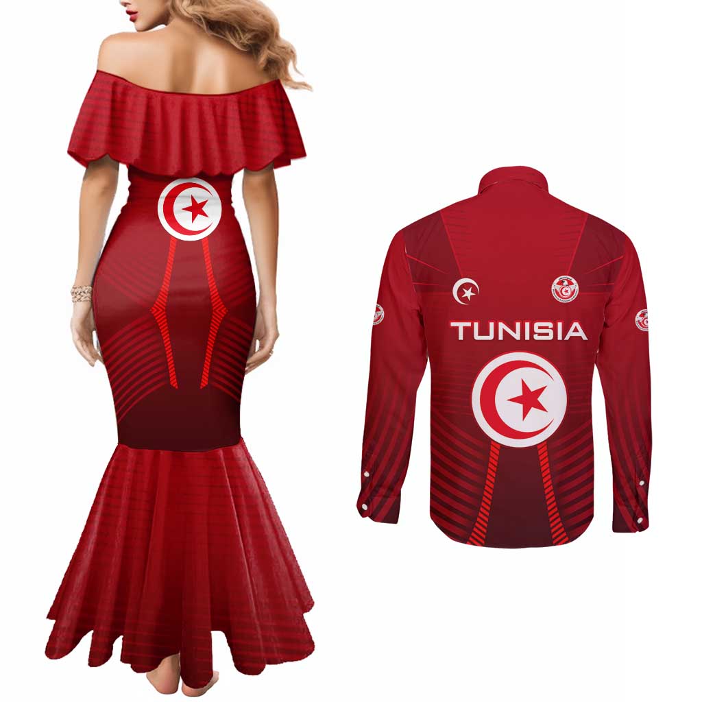 Tunisia National Flag Couples Matching Mermaid Dress and Long Sleeve Button Shirt with Crescent Star Emblem and Red Sport Design