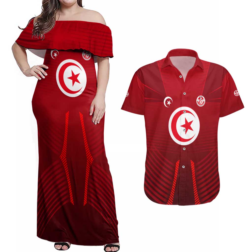 Tunisia National Flag Couples Matching Off Shoulder Maxi Dress and Hawaiian Shirt with Crescent Star Emblem and Red Sport Design