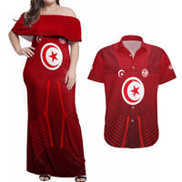 Tunisia National Flag Couples Matching Off Shoulder Maxi Dress and Hawaiian Shirt with Crescent Star Emblem and Red Sport Design