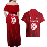 Tunisia National Flag Couples Matching Off Shoulder Maxi Dress and Hawaiian Shirt with Crescent Star Emblem and Red Sport Design