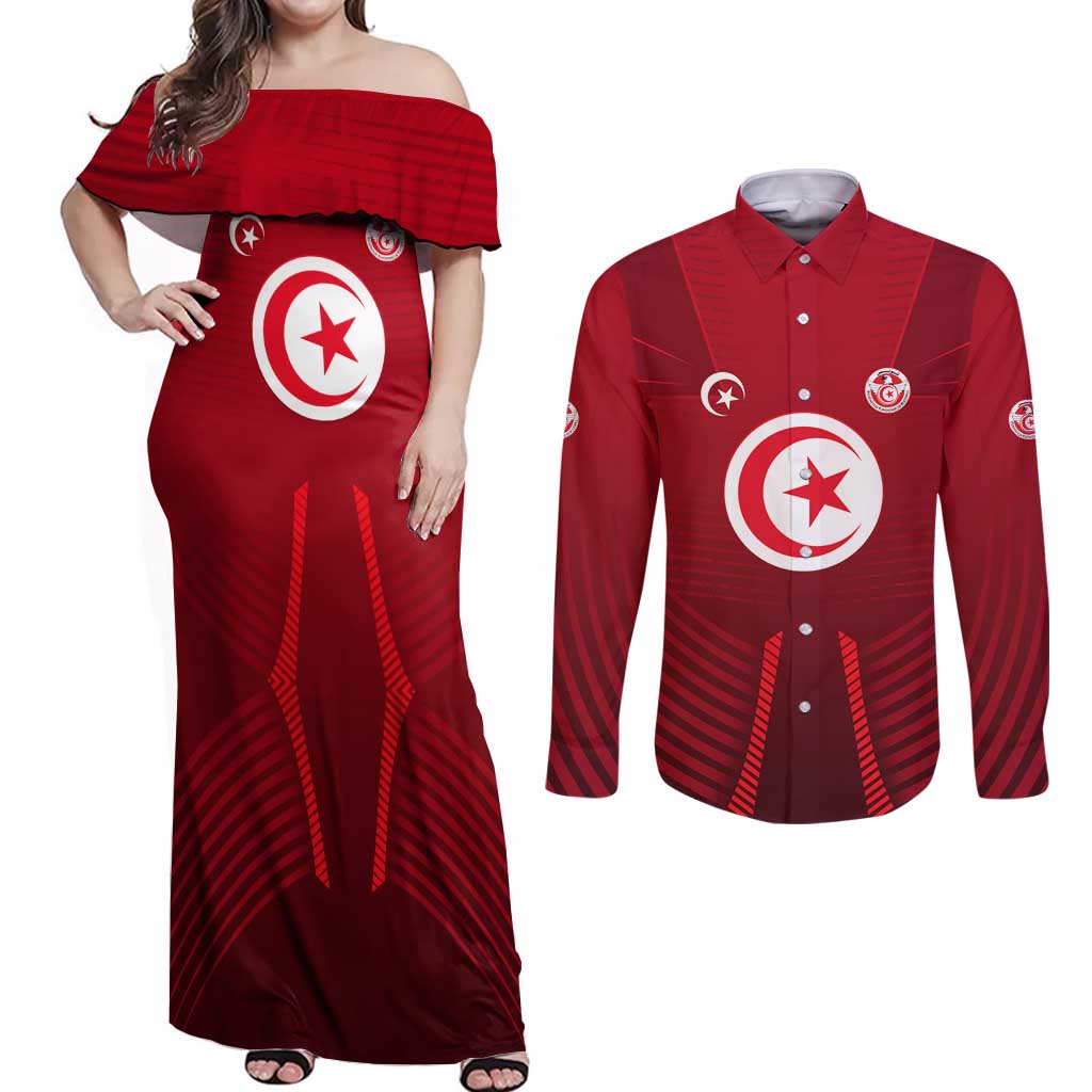 Tunisia National Flag Couples Matching Off Shoulder Maxi Dress and Long Sleeve Button Shirt with Crescent Star Emblem and Red Sport Design