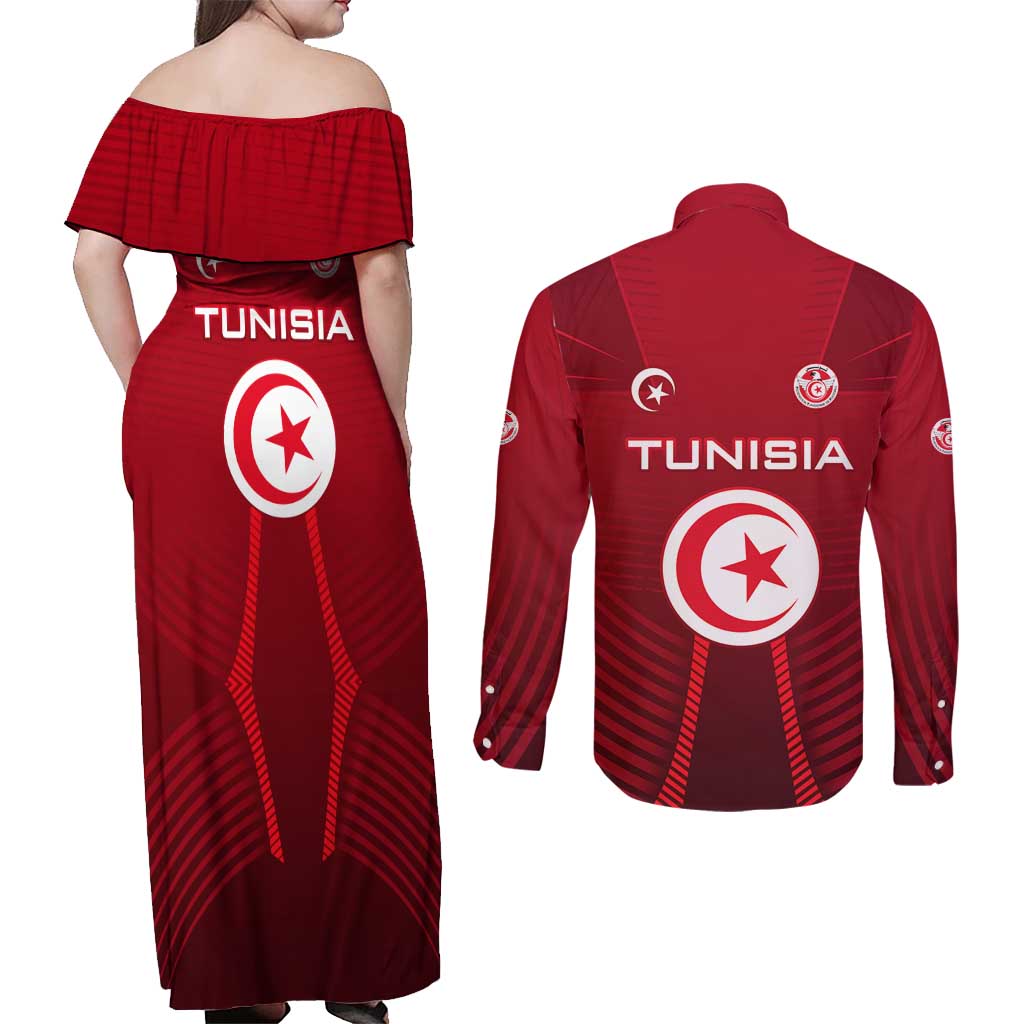 Tunisia National Flag Couples Matching Off Shoulder Maxi Dress and Long Sleeve Button Shirt with Crescent Star Emblem and Red Sport Design