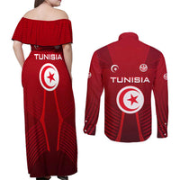 Tunisia National Flag Couples Matching Off Shoulder Maxi Dress and Long Sleeve Button Shirt with Crescent Star Emblem and Red Sport Design
