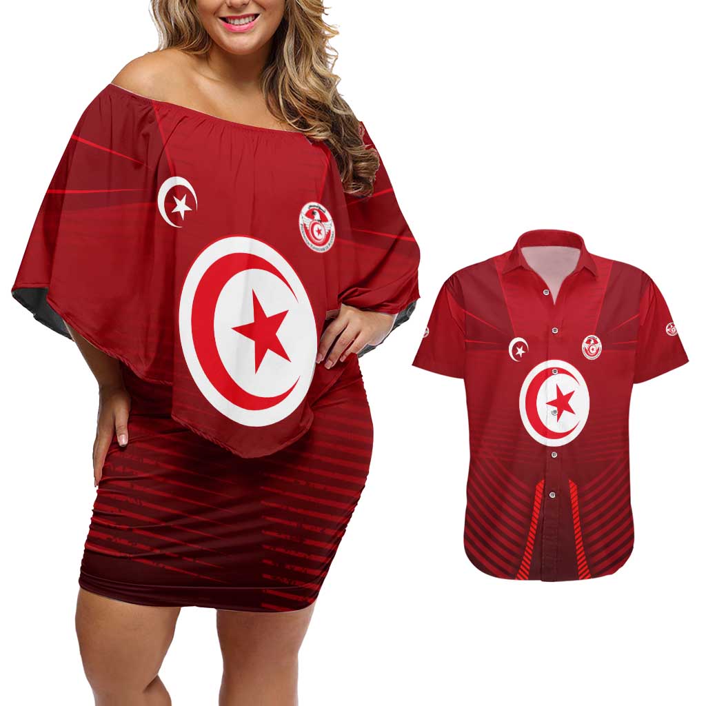 Tunisia National Flag Couples Matching Off Shoulder Short Dress and Hawaiian Shirt with Crescent Star Emblem and Red Sport Design