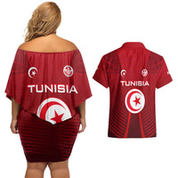 Tunisia National Flag Couples Matching Off Shoulder Short Dress and Hawaiian Shirt with Crescent Star Emblem and Red Sport Design
