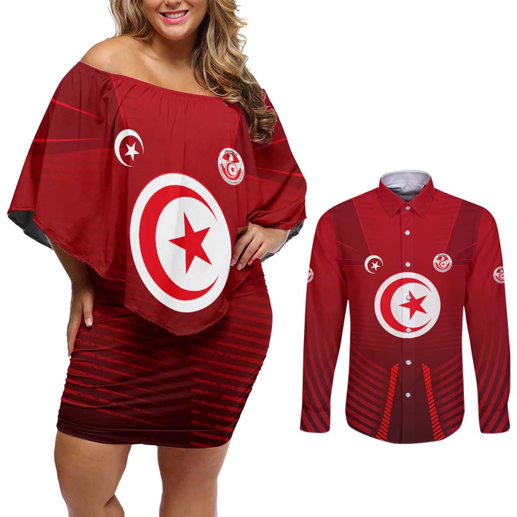 Tunisia National Flag Couples Matching Off Shoulder Short Dress and Long Sleeve Button Shirt with Crescent Star Emblem and Red Sport Design