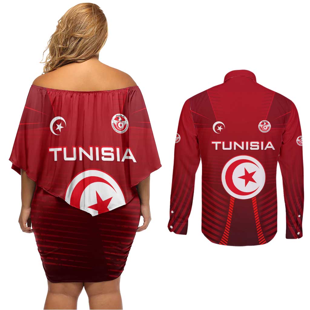 Tunisia National Flag Couples Matching Off Shoulder Short Dress and Long Sleeve Button Shirt with Crescent Star Emblem and Red Sport Design