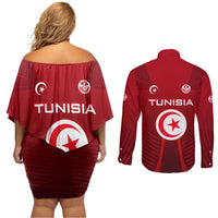 Tunisia National Flag Couples Matching Off Shoulder Short Dress and Long Sleeve Button Shirt with Crescent Star Emblem and Red Sport Design