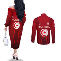 Tunisia National Flag Couples Matching Off The Shoulder Long Sleeve Dress and Long Sleeve Button Shirt with Crescent Star Emblem and Red Sport Design