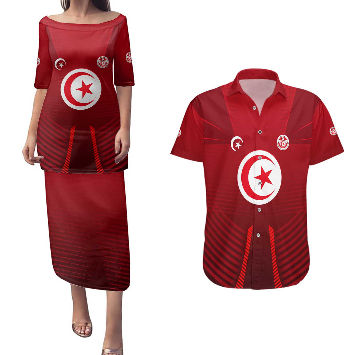 Tunisia National Flag Couples Matching Puletasi and Hawaiian Shirt with Crescent Star Emblem and Red Sport Design