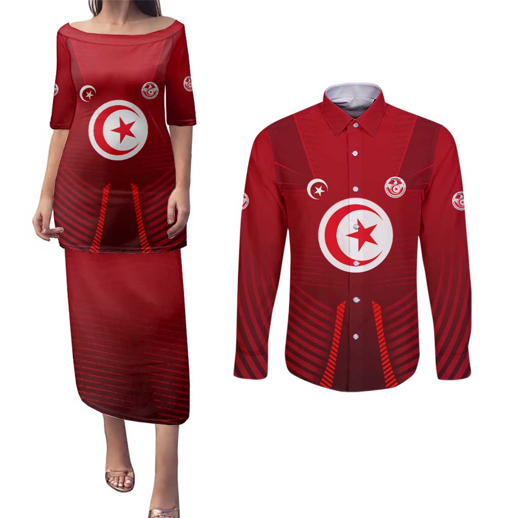 Tunisia National Flag Couples Matching Puletasi and Long Sleeve Button Shirt with Crescent Star Emblem and Red Sport Design