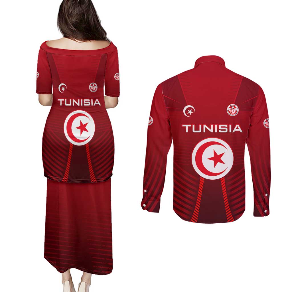 Tunisia National Flag Couples Matching Puletasi and Long Sleeve Button Shirt with Crescent Star Emblem and Red Sport Design