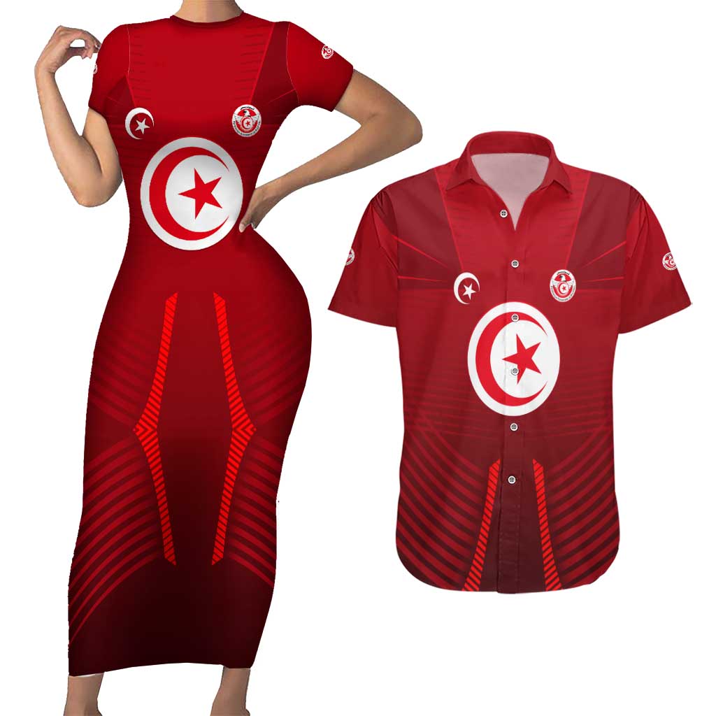 Tunisia National Flag Couples Matching Short Sleeve Bodycon Dress and Hawaiian Shirt with Crescent Star Emblem and Red Sport Design