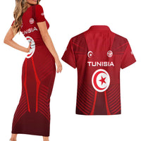 Tunisia National Flag Couples Matching Short Sleeve Bodycon Dress and Hawaiian Shirt with Crescent Star Emblem and Red Sport Design