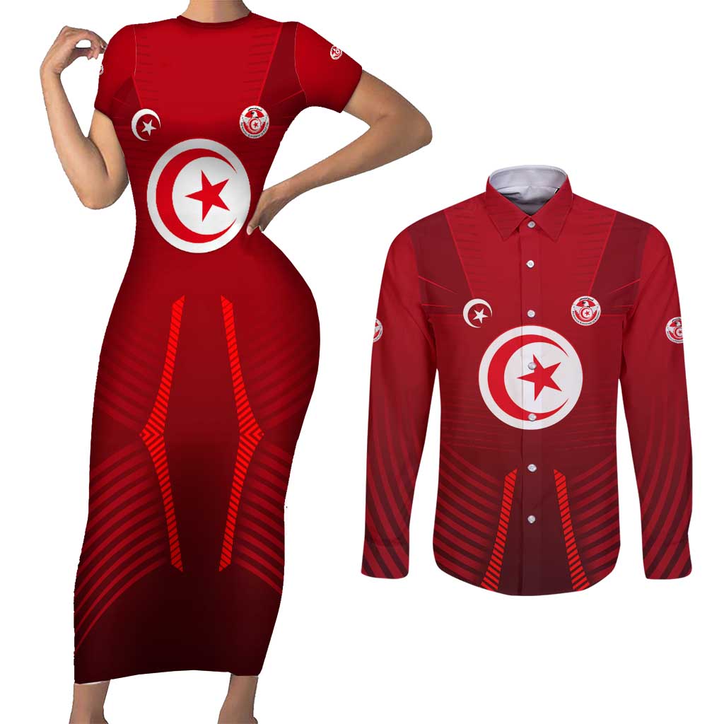 Tunisia National Flag Couples Matching Short Sleeve Bodycon Dress and Long Sleeve Button Shirt with Crescent Star Emblem and Red Sport Design