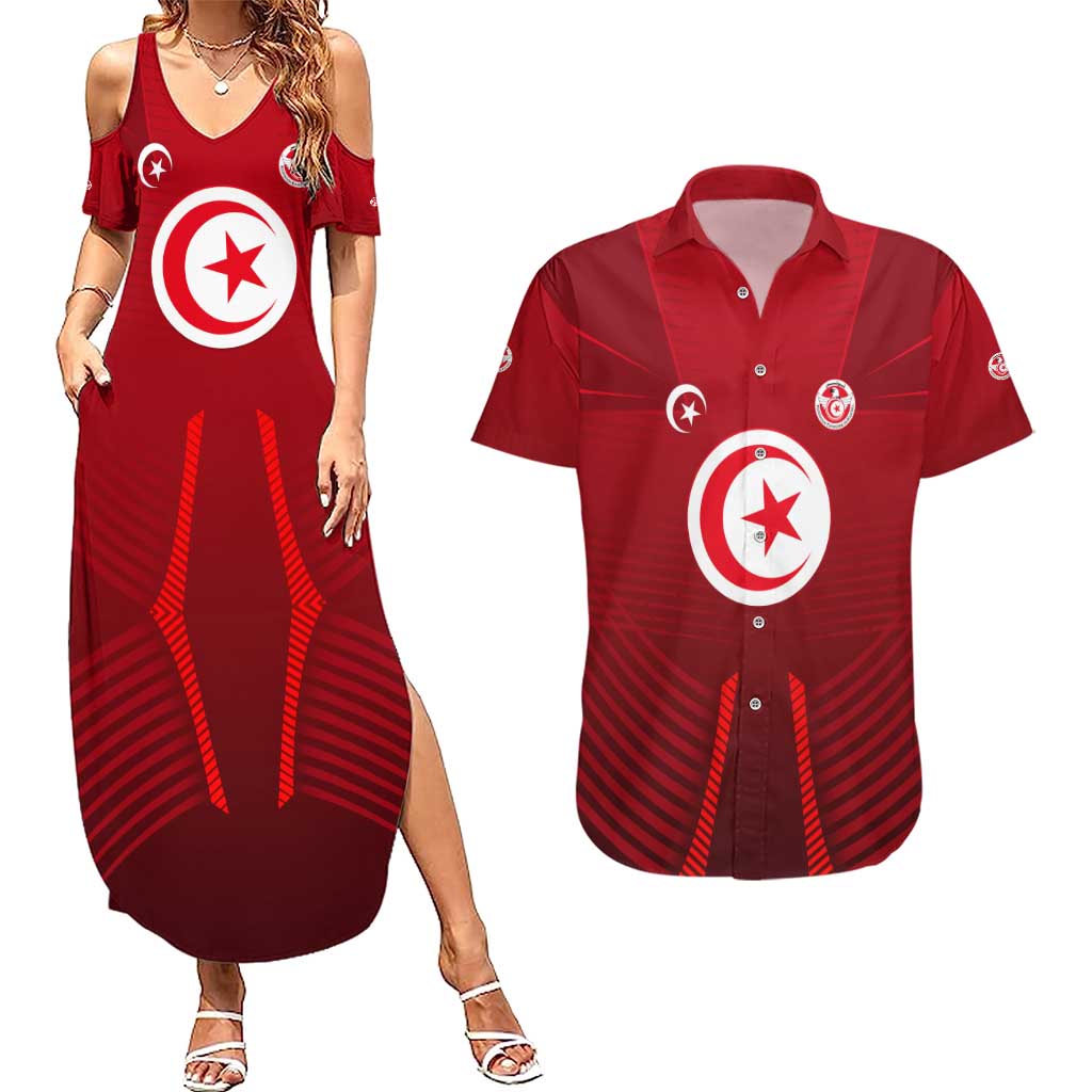 Tunisia National Flag Couples Matching Summer Maxi Dress and Hawaiian Shirt with Crescent Star Emblem and Red Sport Design