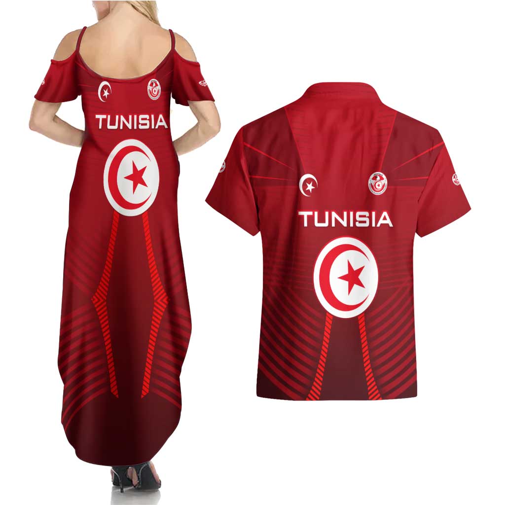 Tunisia National Flag Couples Matching Summer Maxi Dress and Hawaiian Shirt with Crescent Star Emblem and Red Sport Design