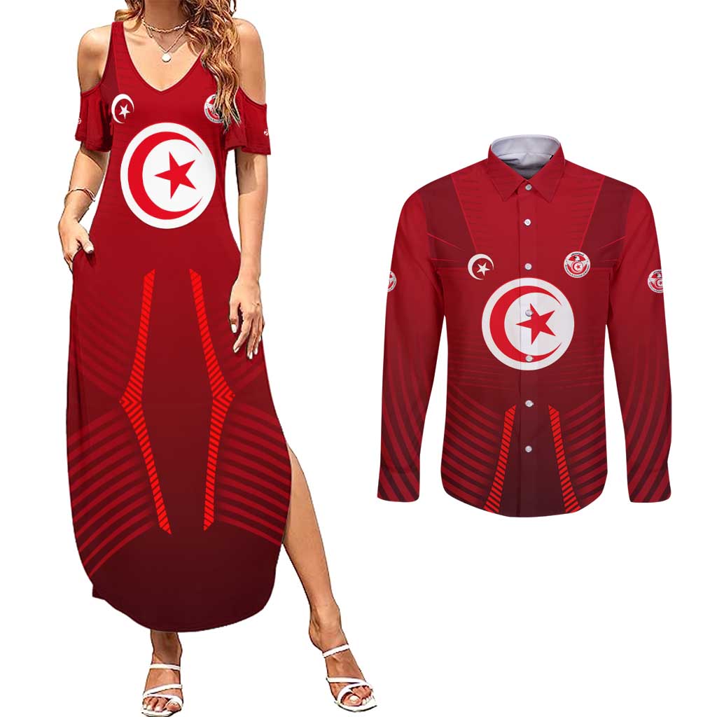 Tunisia National Flag Couples Matching Summer Maxi Dress and Long Sleeve Button Shirt with Crescent Star Emblem and Red Sport Design