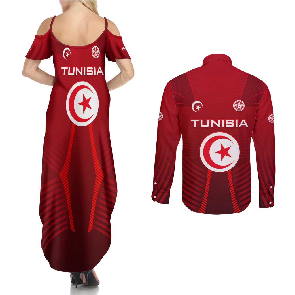 Tunisia National Flag Couples Matching Summer Maxi Dress and Long Sleeve Button Shirt with Crescent Star Emblem and Red Sport Design