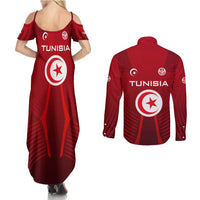 Tunisia National Flag Couples Matching Summer Maxi Dress and Long Sleeve Button Shirt with Crescent Star Emblem and Red Sport Design
