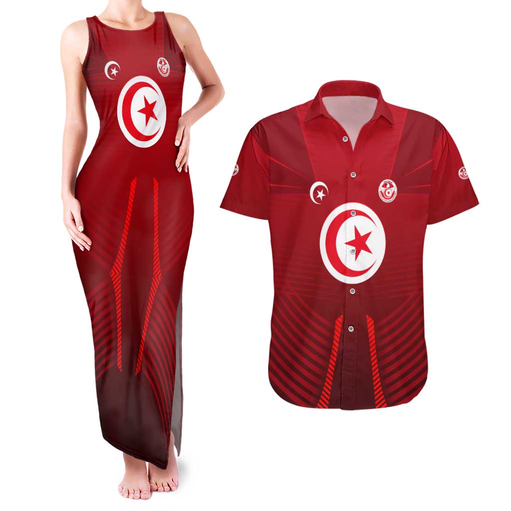 Tunisia National Flag Couples Matching Tank Maxi Dress and Hawaiian Shirt with Crescent Star Emblem and Red Sport Design