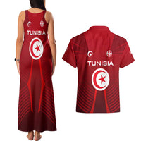 Tunisia National Flag Couples Matching Tank Maxi Dress and Hawaiian Shirt with Crescent Star Emblem and Red Sport Design